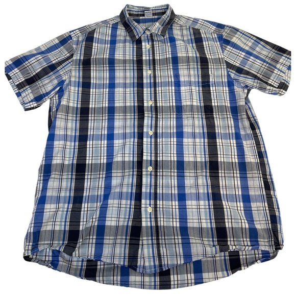 Old Navy Men's Button Down Shirt L Blue Navy White Plaid 100% Cotton Collar - Picture 1 of 3